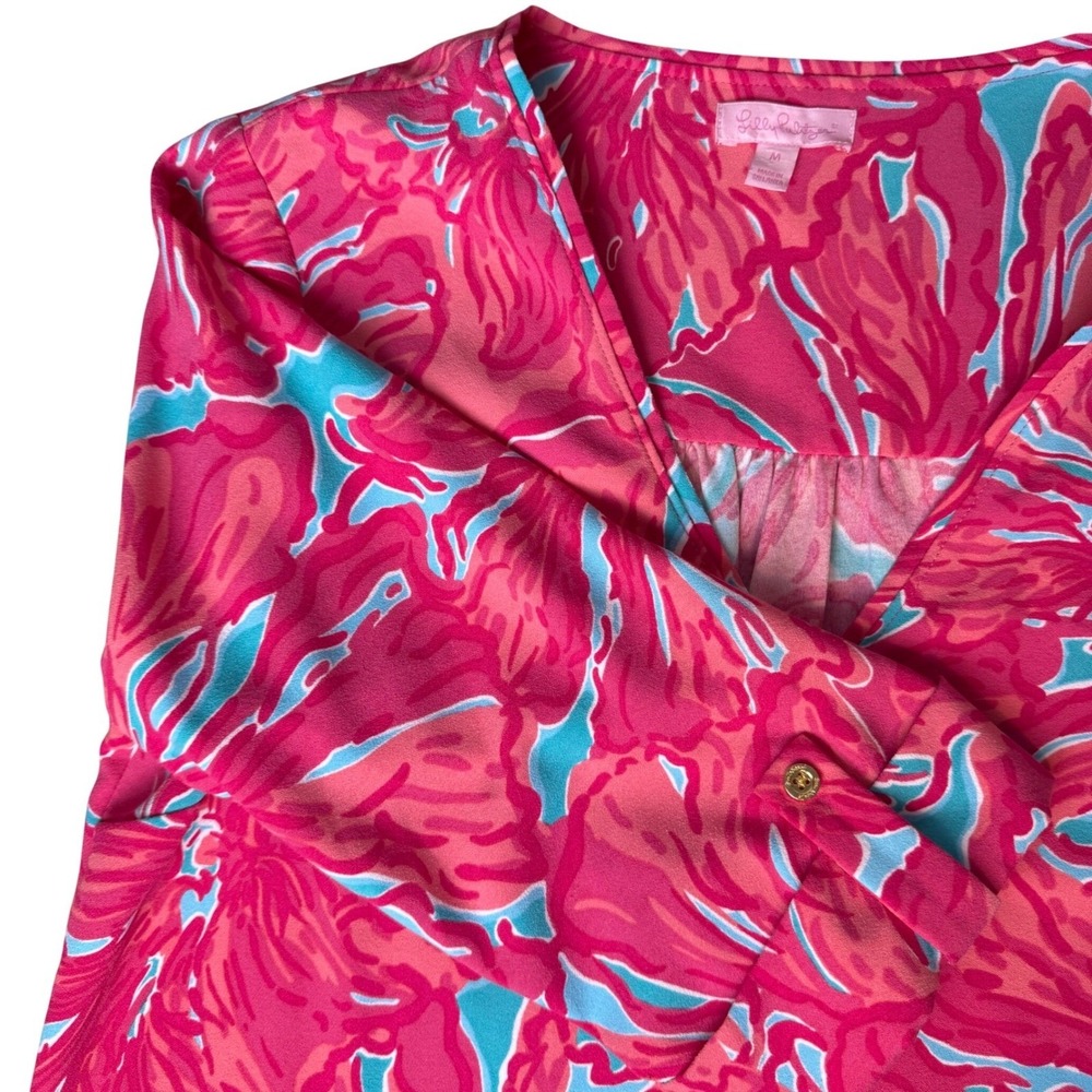 Lilly Pulitzer Floral Tropical Shift Dress Womens M Pink Blue Vacation Casual
